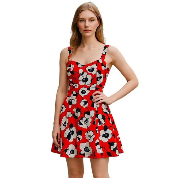 CeCe By Cynthia Steffe Floral Cotton Red Orange Mini Flare Dress 4 Preowned Y2K - Picture 1 of 9